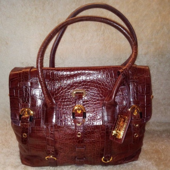 NEW BADGLEY MISCHKA SATCHEL BROWN CROC EMBOSSED LEATHER TOTE SHOULDER HANDBAG - Picture 8 of 12